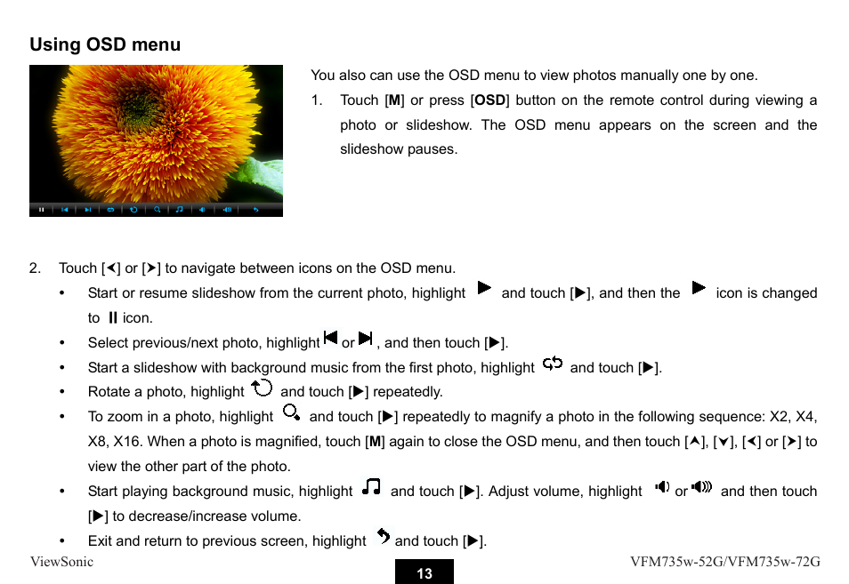 Using osd menu | VIEWSONIC VFM735W-72G User Manual | Page 19 / 35