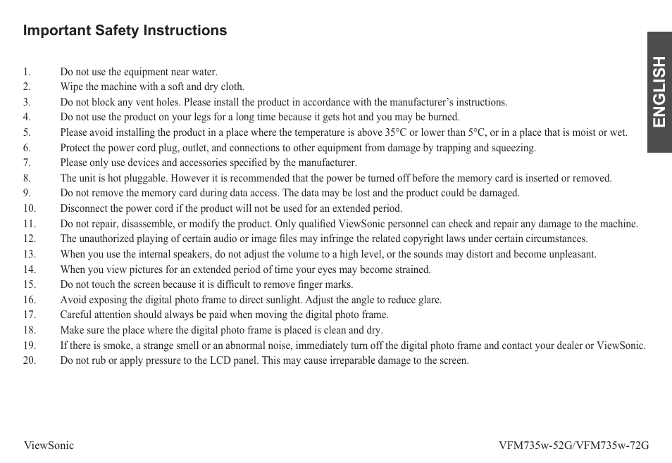 English, Important safety instructions | VIEWSONIC VFM735W-72G User Manual | Page 2 / 35