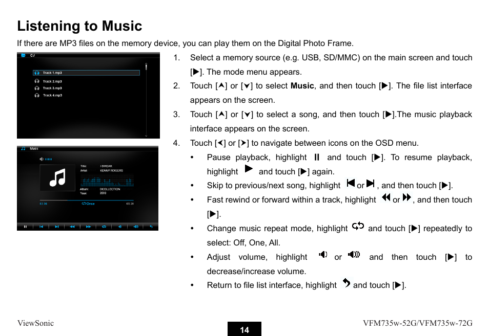 Listening to music | VIEWSONIC VFM735W-72G User Manual | Page 20 / 35