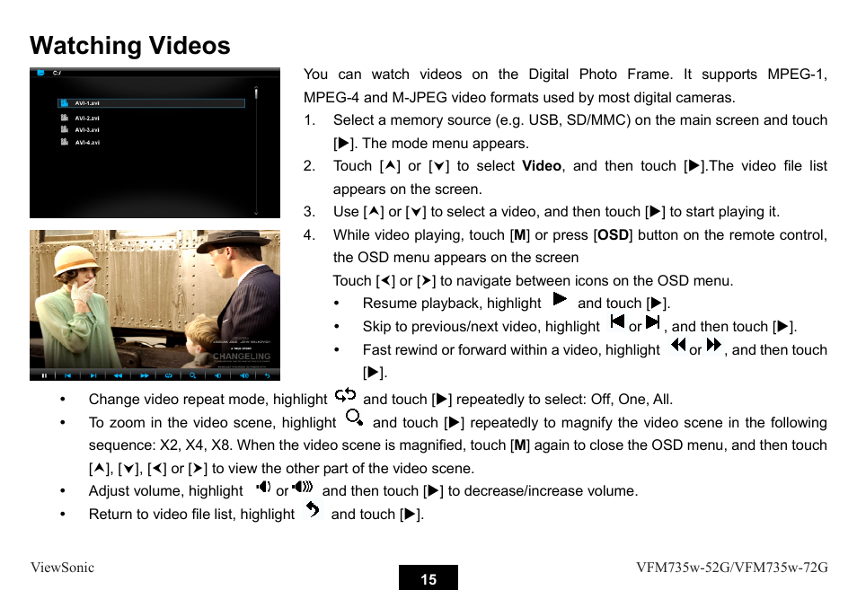 Watching videos | VIEWSONIC VFM735W-72G User Manual | Page 21 / 35