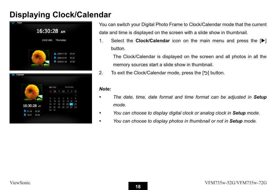Displaying clock/calendar | VIEWSONIC VFM735W-72G User Manual | Page 24 / 35