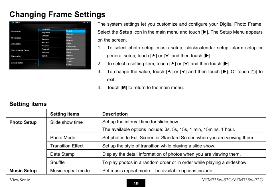 Changing frame settings | VIEWSONIC VFM735W-72G User Manual | Page 25 / 35