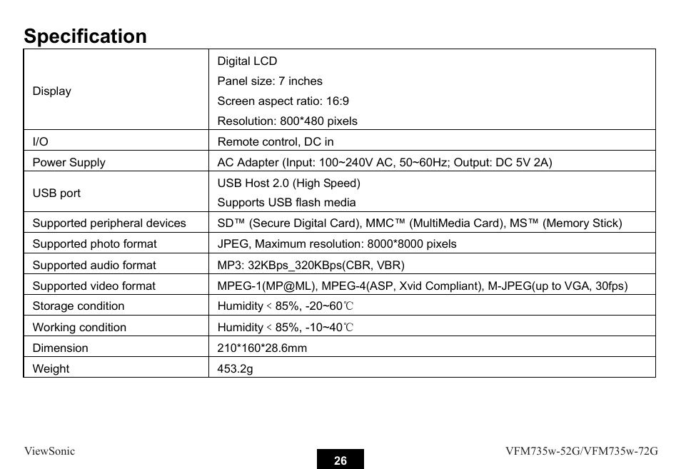 Specification | VIEWSONIC VFM735W-72G User Manual | Page 32 / 35