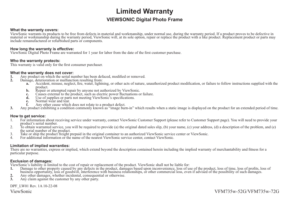 Limited warranty, Viewsonic digital photo frame | VIEWSONIC VFM735W-72G User Manual | Page 34 / 35