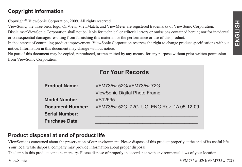 English, For your records | VIEWSONIC VFM735W-72G User Manual | Page 4 / 35
