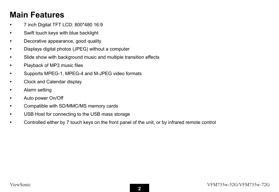 Main features | VIEWSONIC VFM735W-72G User Manual | Page 8 / 35