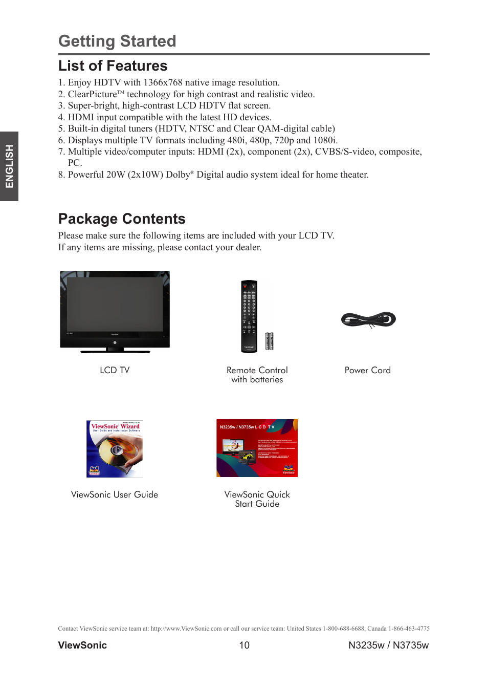 List of features, Package contents, Getting started | VIEWSONIC VS11770-2M User Manual | Page 15 / 50