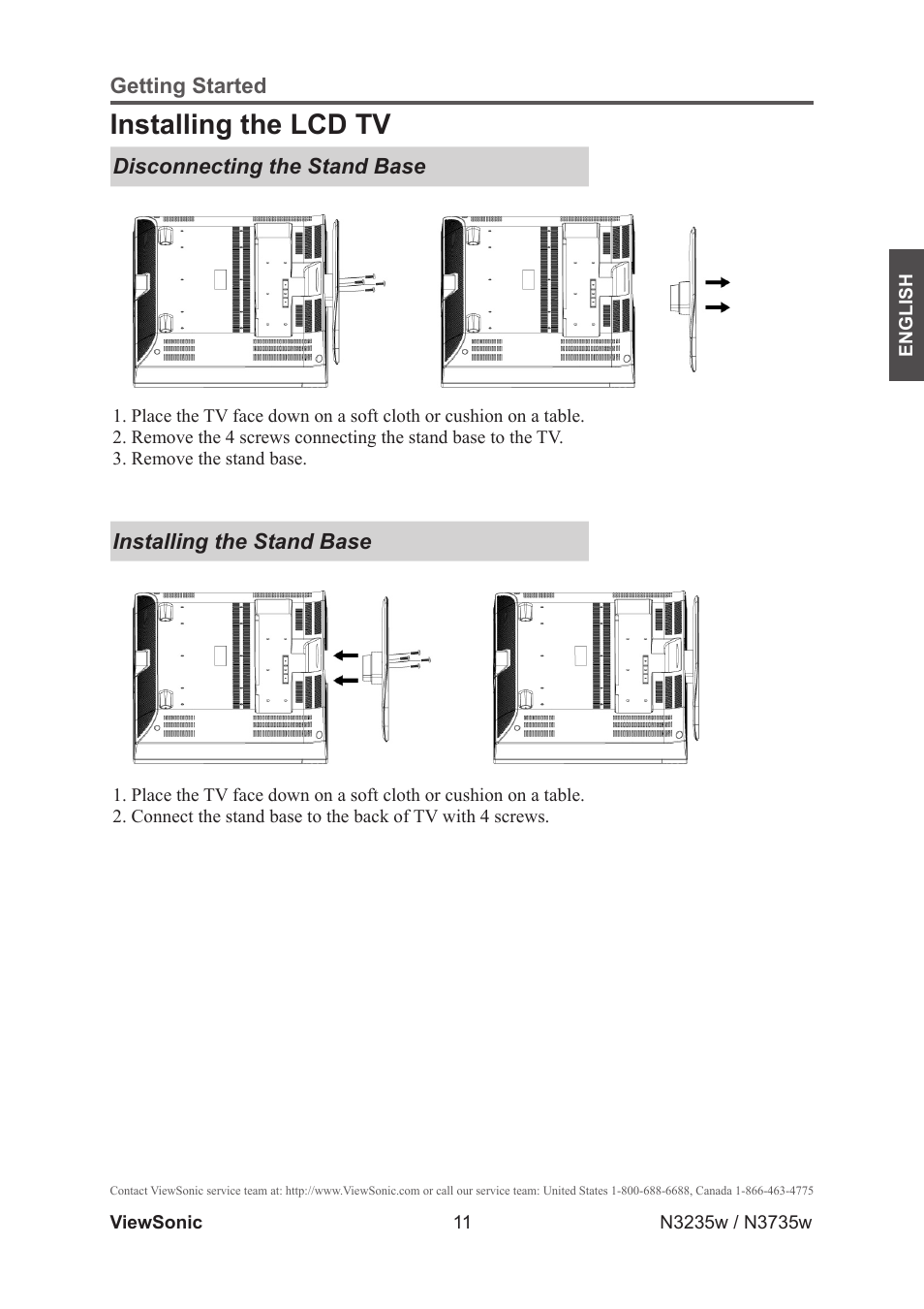 Installing the lcd tv, Disconnecting the stand, Installing the stand | VIEWSONIC VS11770-2M User Manual | Page 16 / 50