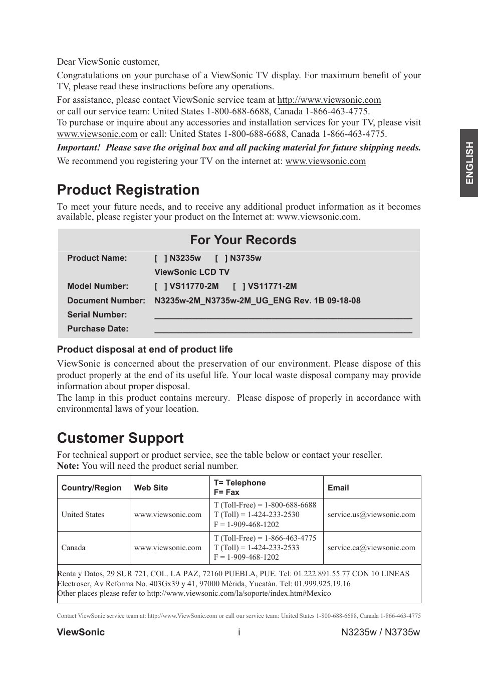 Customer support, Product registration, For your records | VIEWSONIC VS11770-2M User Manual | Page 2 / 50