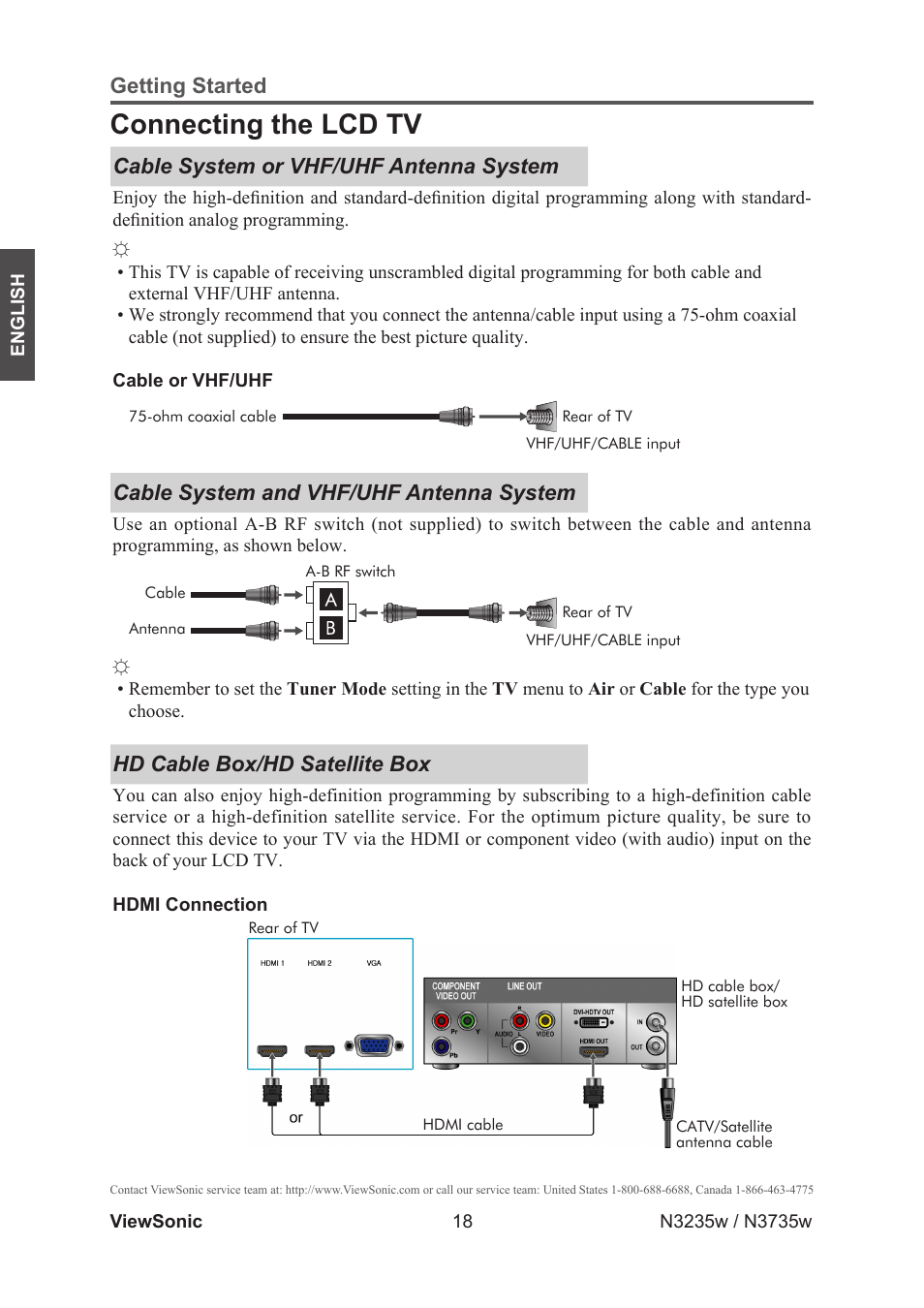 Connecting the lcd tv, Cable system or vhf/uhf antenna system, Cable system and vhf/uhf antenna system | Hd cable box/hd satellite box | VIEWSONIC VS11770-2M User Manual | Page 23 / 50