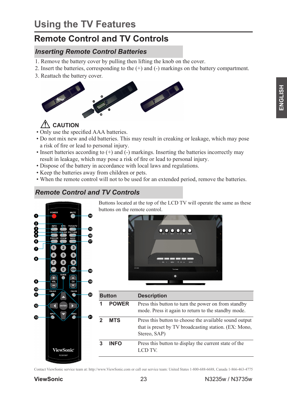 Using the tv features, Remote control and tv controls | VIEWSONIC VS11770-2M User Manual | Page 28 / 50