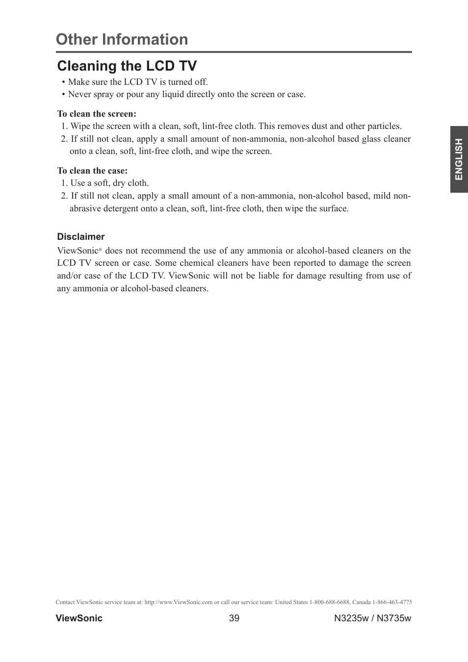 Cleaning the lcd tv, Other information | VIEWSONIC VS11770-2M User Manual | Page 44 / 50
