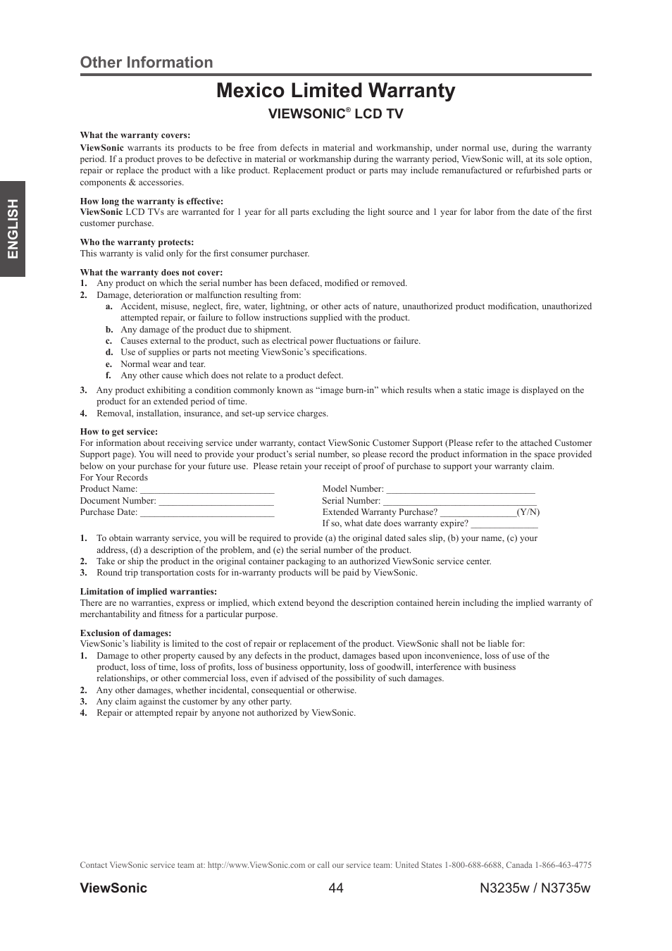 Limited warranty, Mexico limited warranty, Other information | Viewsonic, Lcd tv | VIEWSONIC VS11770-2M User Manual | Page 49 / 50