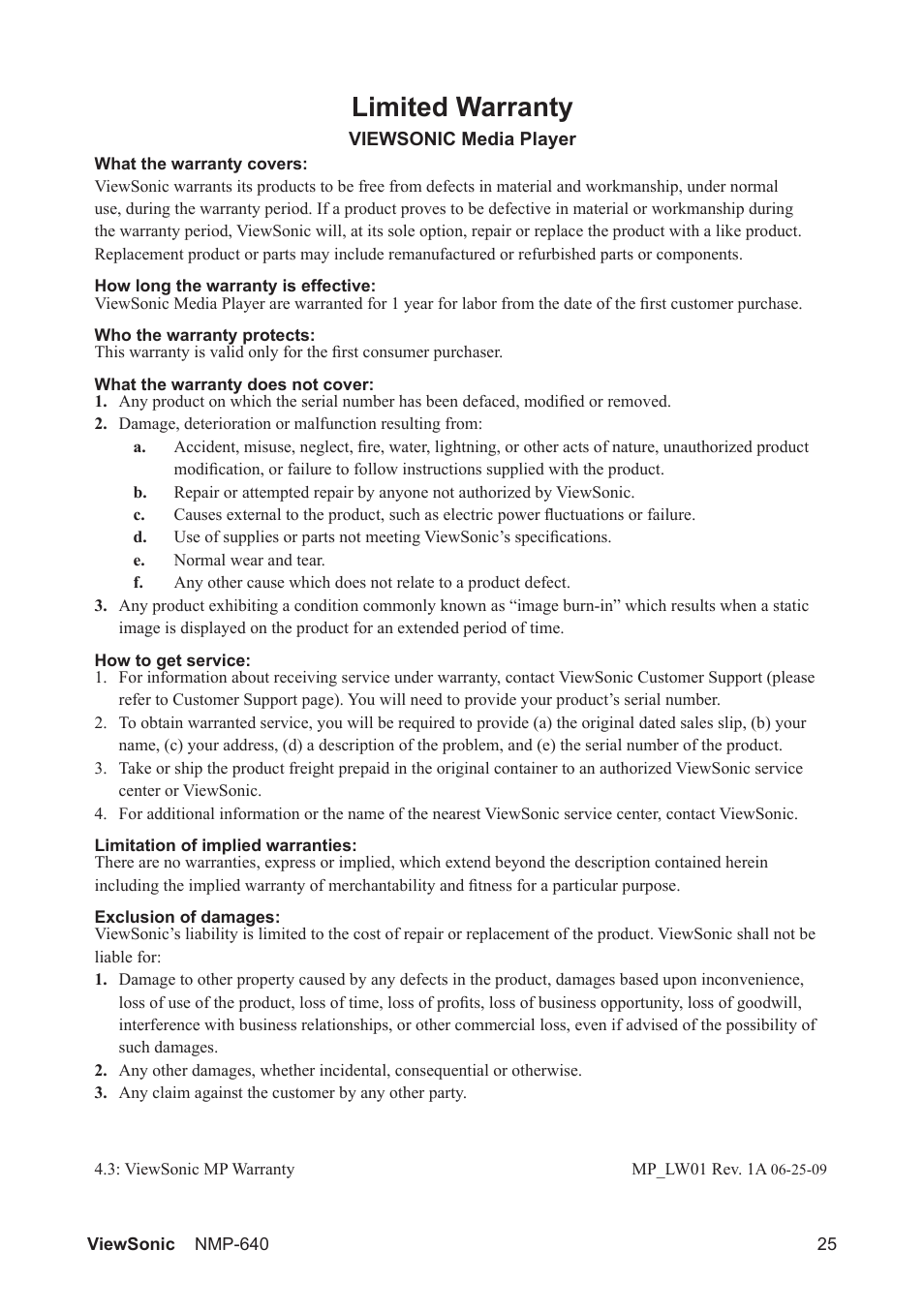 Limited warranty | VIEWSONIC VS13920 User Manual | Page 30 / 31