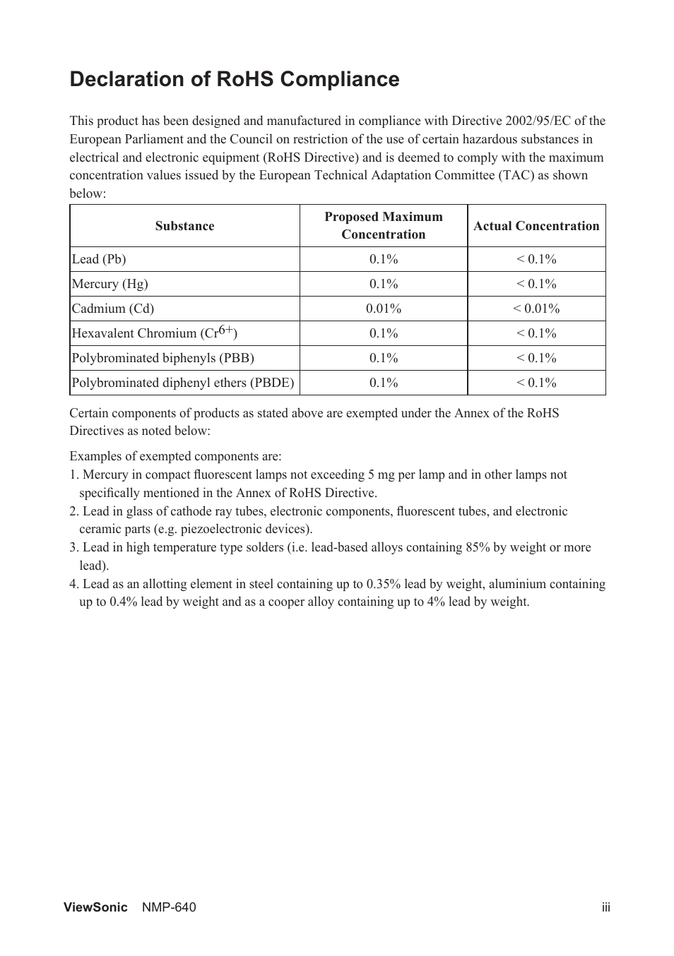 Declaration of rohs compliance | VIEWSONIC VS13920 User Manual | Page 4 / 31