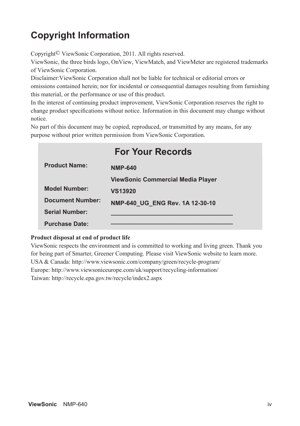 Copyright information, For your records | VIEWSONIC VS13920 User Manual | Page 5 / 31