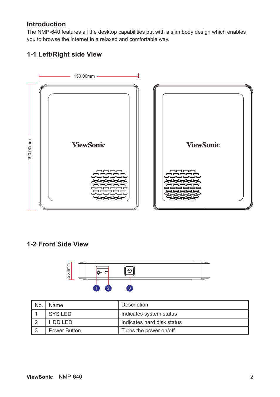 Introduction, 1 left/right side view, 2 front side view | VIEWSONIC VS13920 User Manual | Page 8 / 31