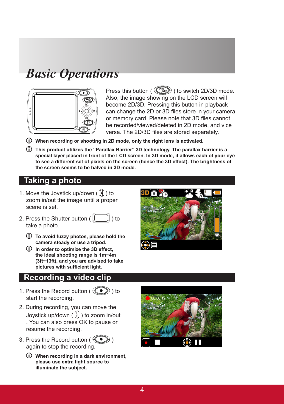 Basic operations, Recording a video clip, Taking a photo | VIEWSONIC 3D SNAP 3DSC5 User Manual | Page 10 / 25
