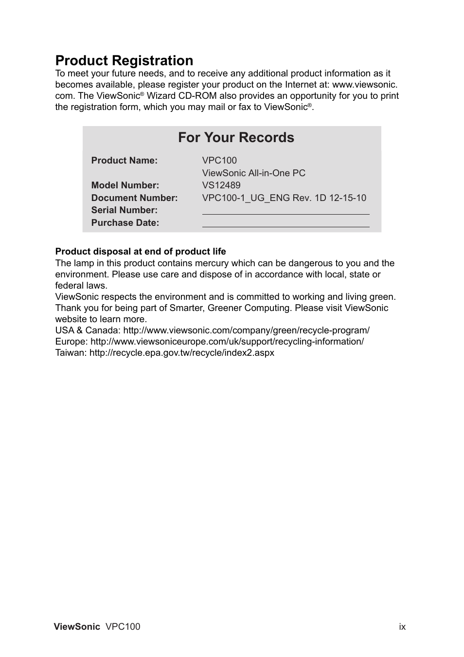Product registration, For your records | VIEWSONIC VPC100 User Manual | Page 10 / 56