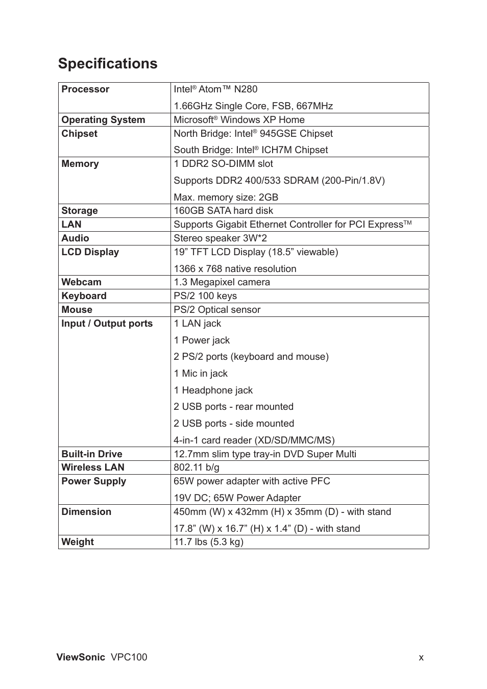 Specifications | VIEWSONIC VPC100 User Manual | Page 11 / 56