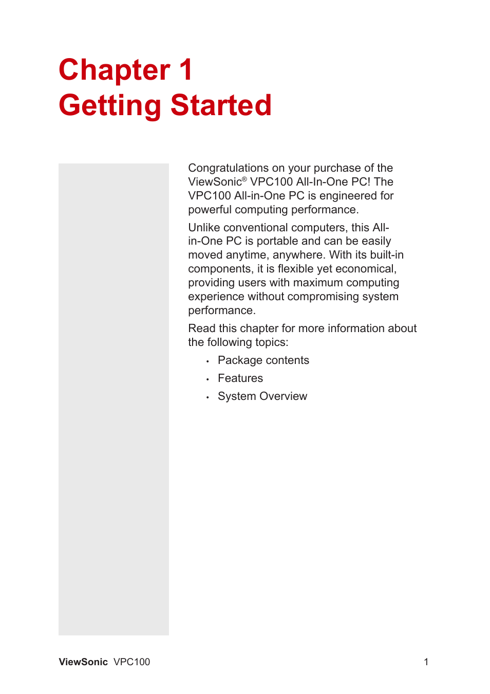Chapter 1 getting started | VIEWSONIC VPC100 User Manual | Page 12 / 56