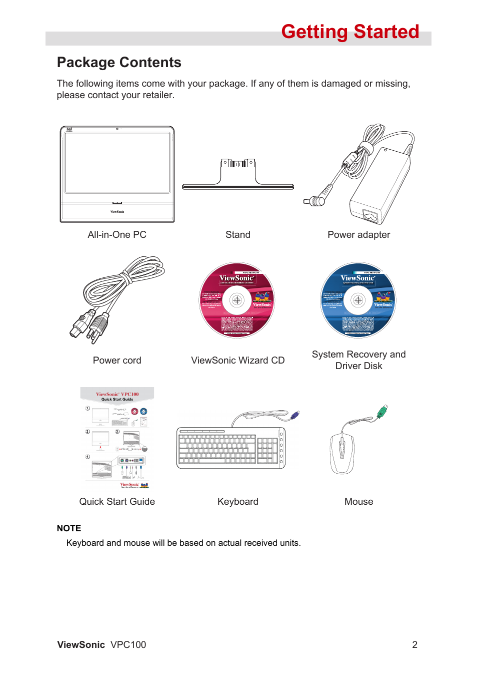 Getting started, Package contents | VIEWSONIC VPC100 User Manual | Page 13 / 56