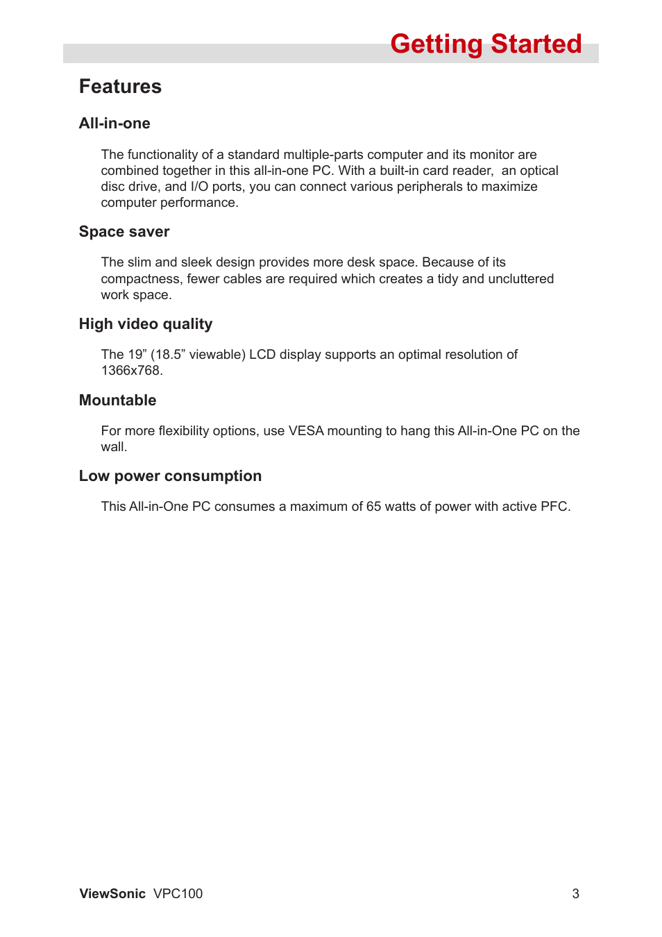 Getting started, Features | VIEWSONIC VPC100 User Manual | Page 14 / 56