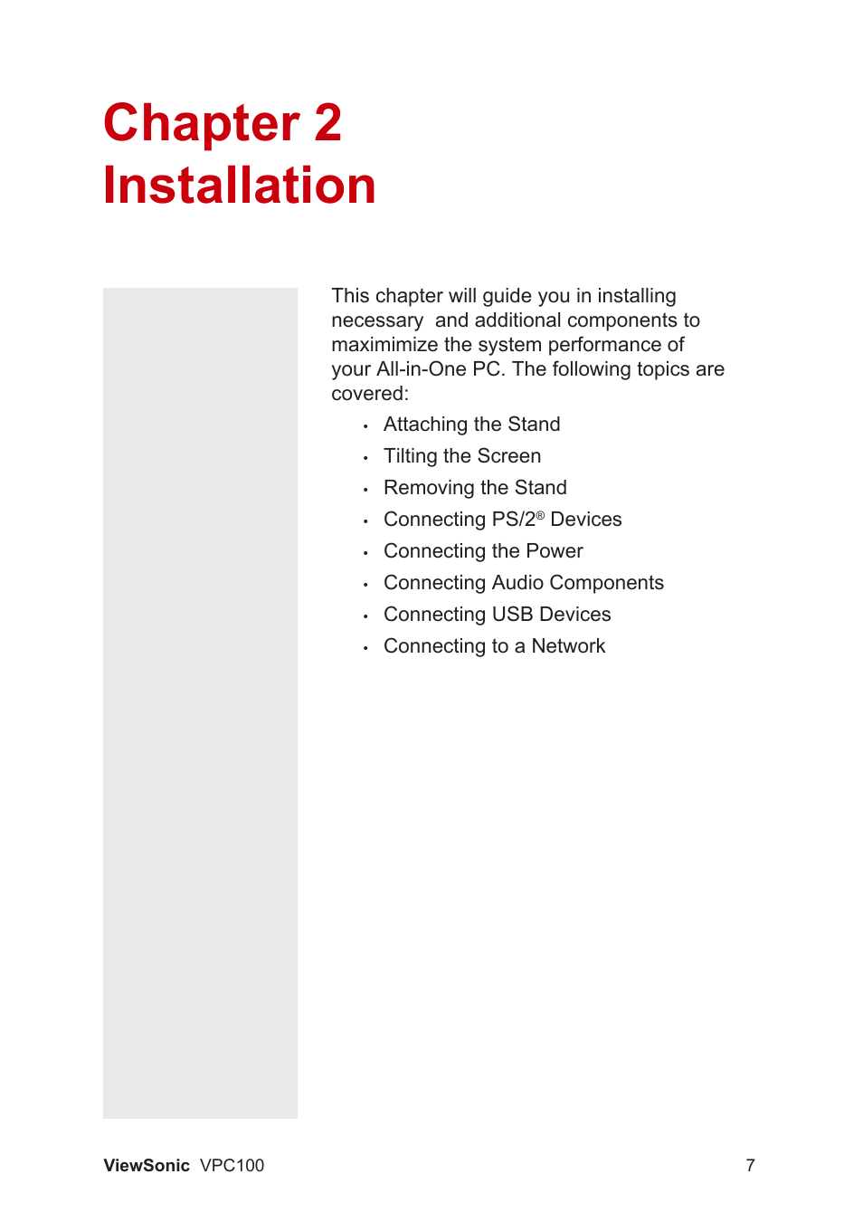 Chapter 2 installation | VIEWSONIC VPC100 User Manual | Page 18 / 56