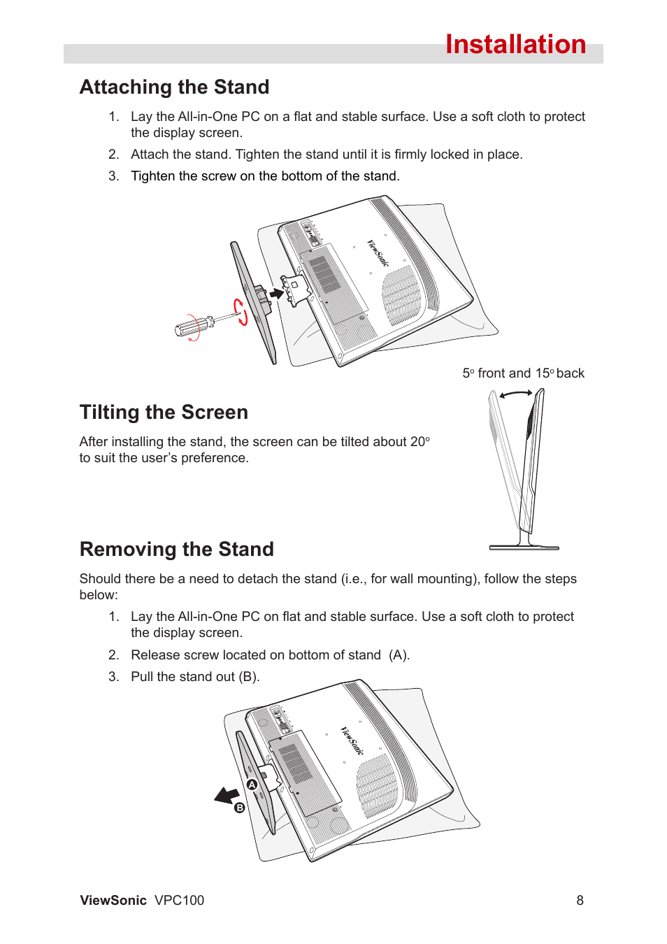 Installation, Tilting the screen, Removing the stand | Attaching the stand | VIEWSONIC VPC100 User Manual | Page 19 / 56