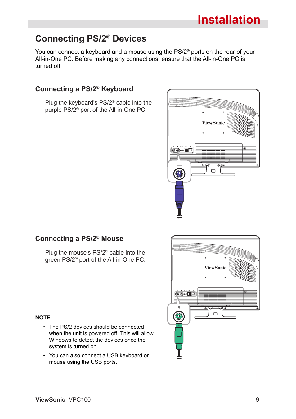 Installation, Connecting ps/2, Devices | Connecting a ps/2, Keyboard, Mouse | VIEWSONIC VPC100 User Manual | Page 20 / 56
