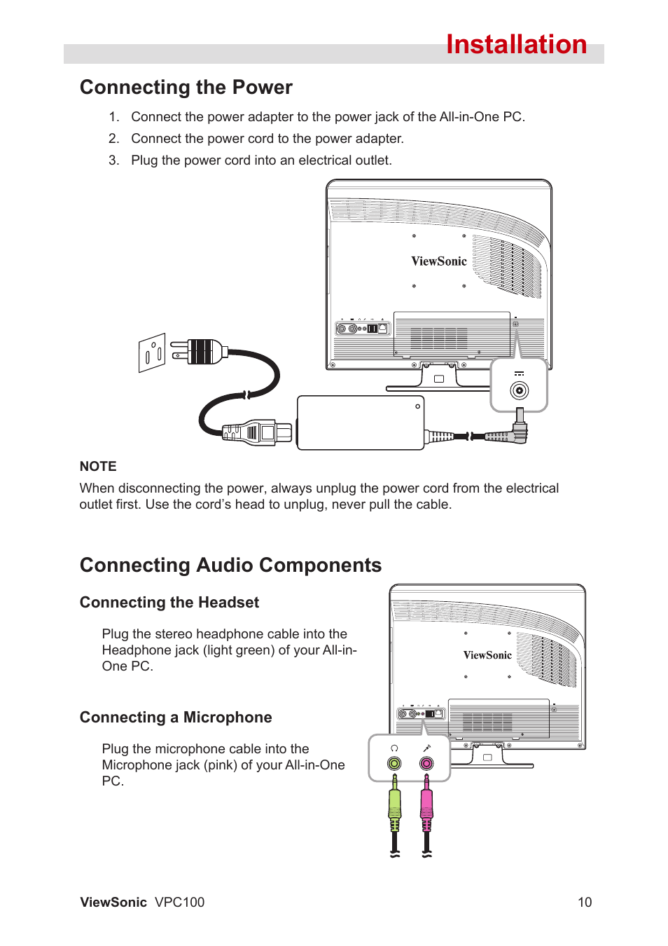 Installation, Connecting the power, Connecting audio components | VIEWSONIC VPC100 User Manual | Page 21 / 56