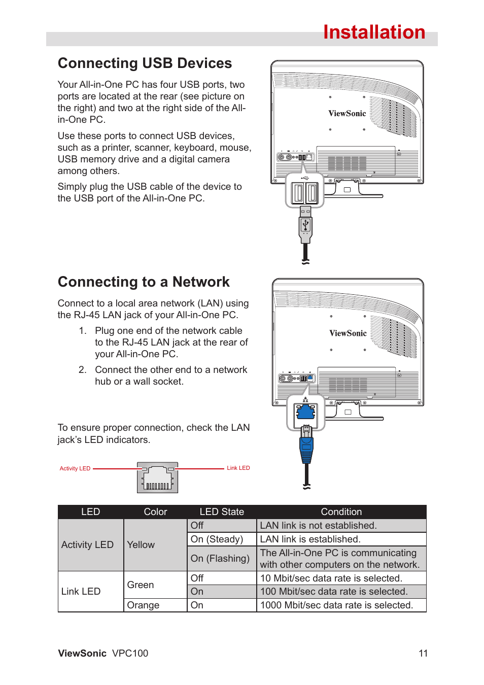 Installation, Connecting usb devices, Connecting to a network | VIEWSONIC VPC100 User Manual | Page 22 / 56
