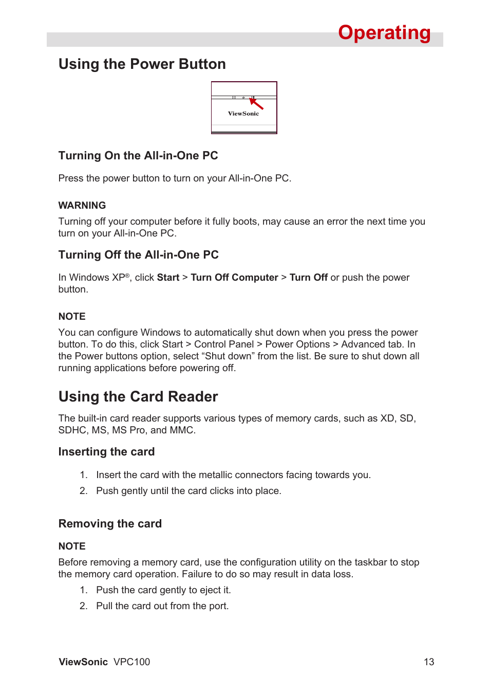 Operating, Using the power button, Using the card reader | VIEWSONIC VPC100 User Manual | Page 24 / 56