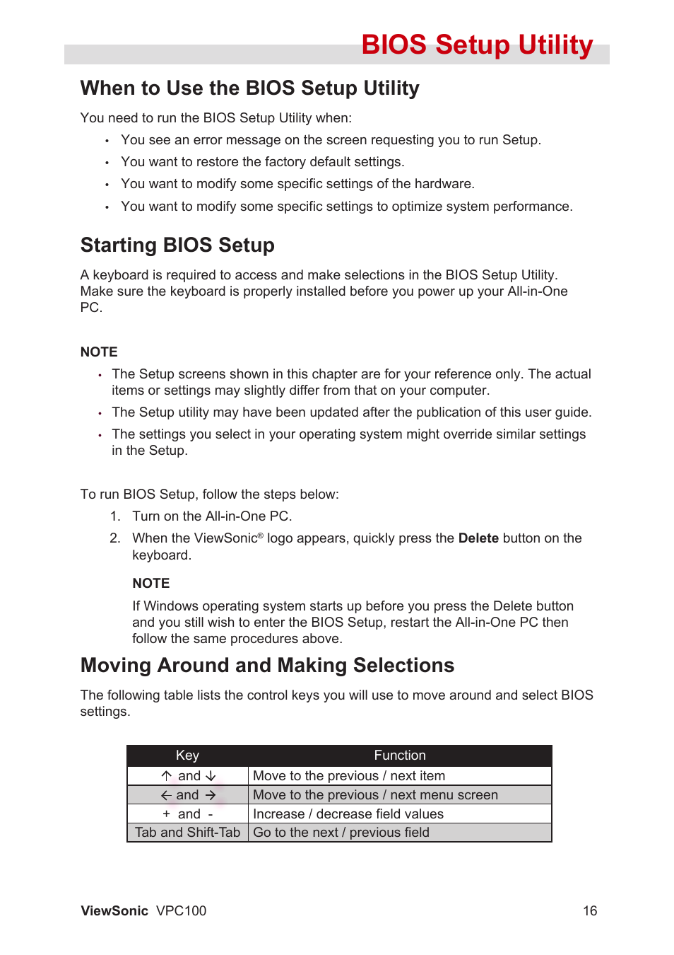 Bios setup utility, When to use the bios setup utility, Starting bios setup | Moving around and making selections | VIEWSONIC VPC100 User Manual | Page 27 / 56