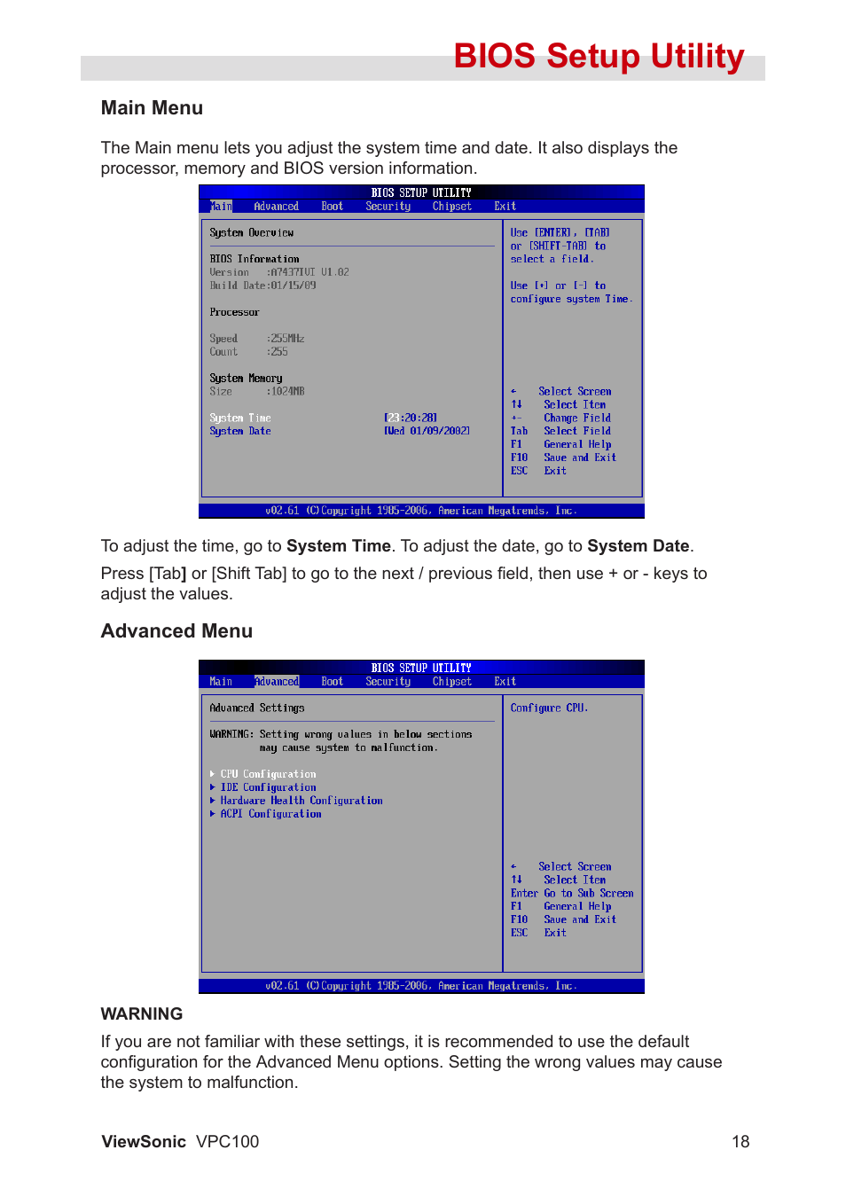Bios setup utility | VIEWSONIC VPC100 User Manual | Page 29 / 56