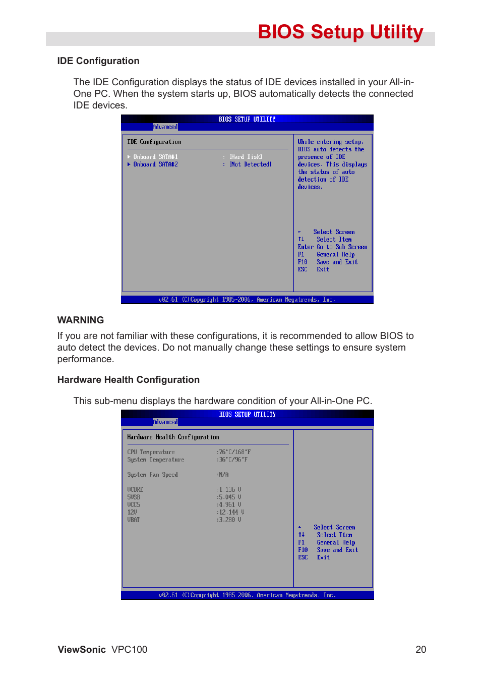 Bios setup utility | VIEWSONIC VPC100 User Manual | Page 31 / 56