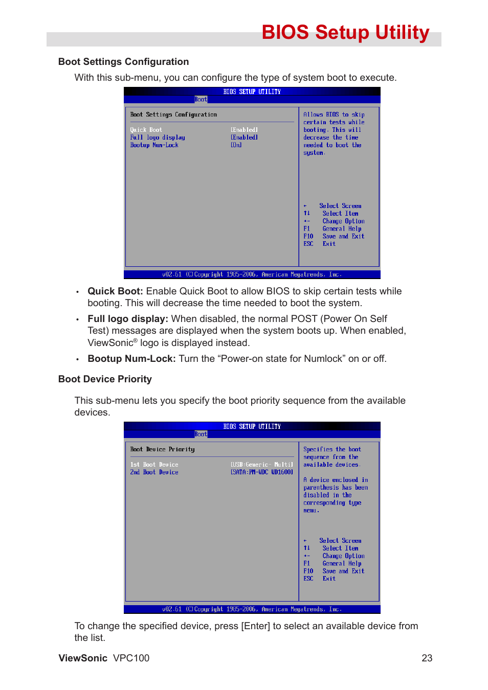 Bios setup utility | VIEWSONIC VPC100 User Manual | Page 34 / 56