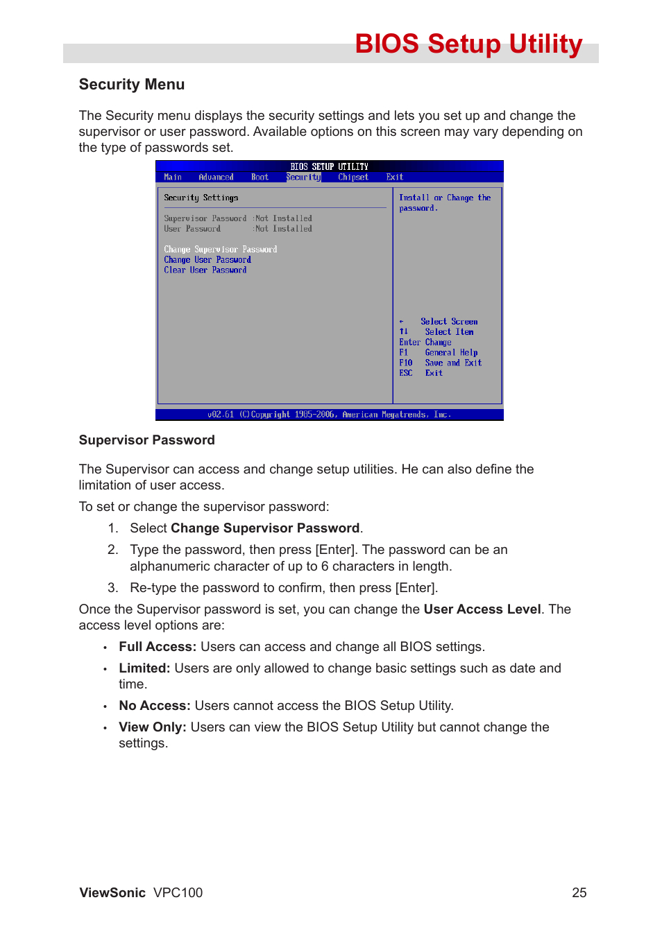 Bios setup utility | VIEWSONIC VPC100 User Manual | Page 36 / 56