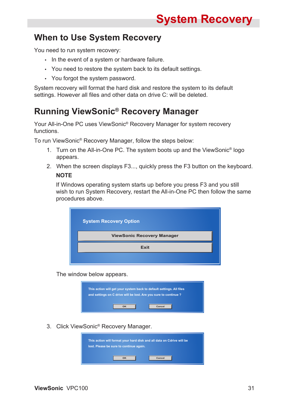 System recovery, When to use system recovery, Running viewsonic | Recovery manager | VIEWSONIC VPC100 User Manual | Page 42 / 56