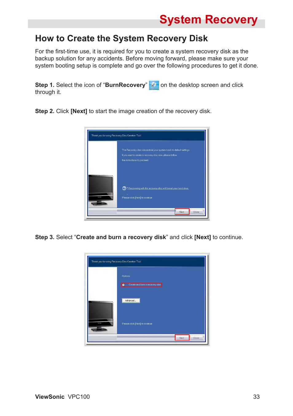 System recovery, How to create the system recovery disk | VIEWSONIC VPC100 User Manual | Page 44 / 56