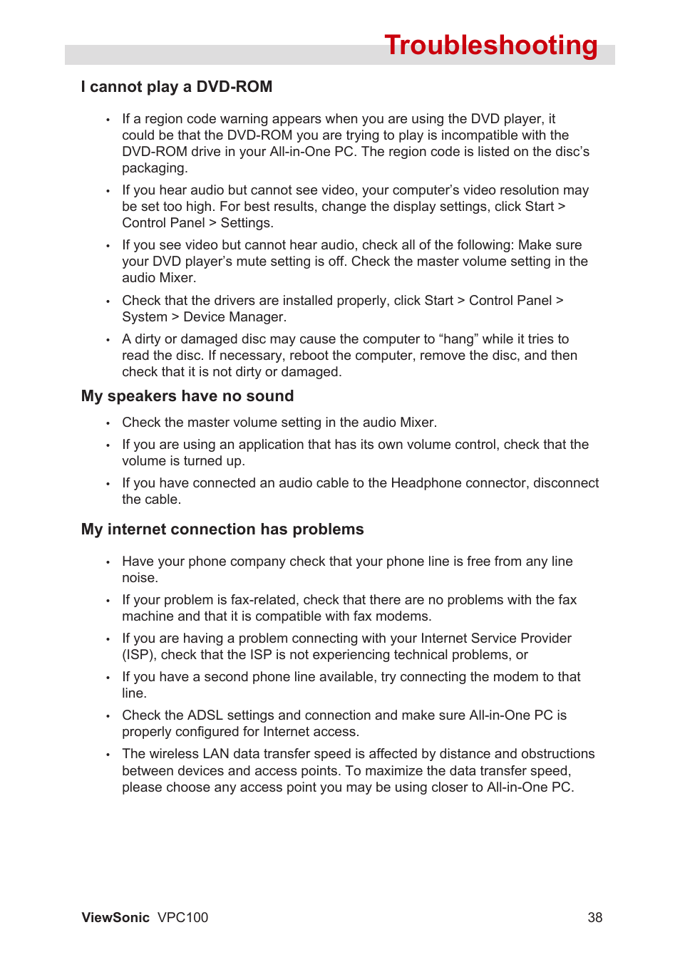 Troubleshooting | VIEWSONIC VPC100 User Manual | Page 49 / 56