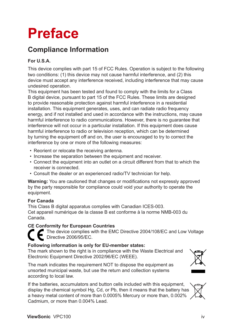 Preface, Compliance information | VIEWSONIC VPC100 User Manual | Page 5 / 56