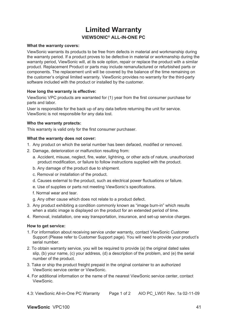 Limited warranty | VIEWSONIC VPC100 User Manual | Page 52 / 56