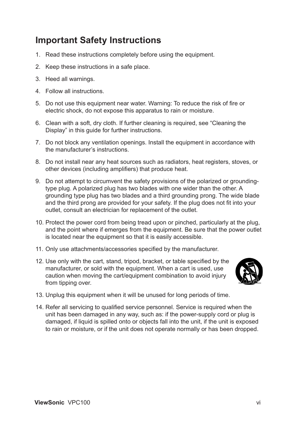 Important safety instructions | VIEWSONIC VPC100 User Manual | Page 7 / 56