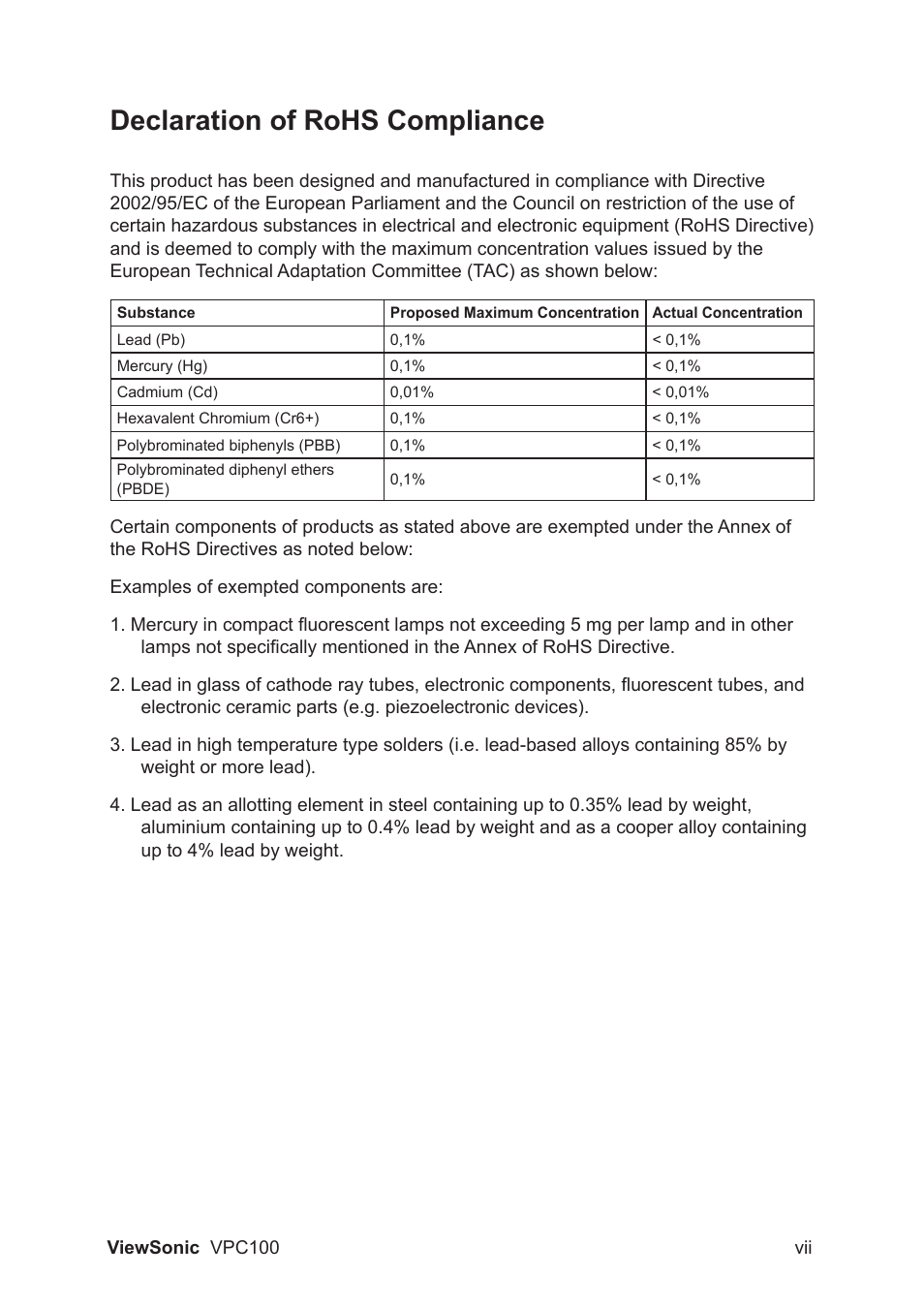 Declaration of rohs compliance | VIEWSONIC VPC100 User Manual | Page 8 / 56