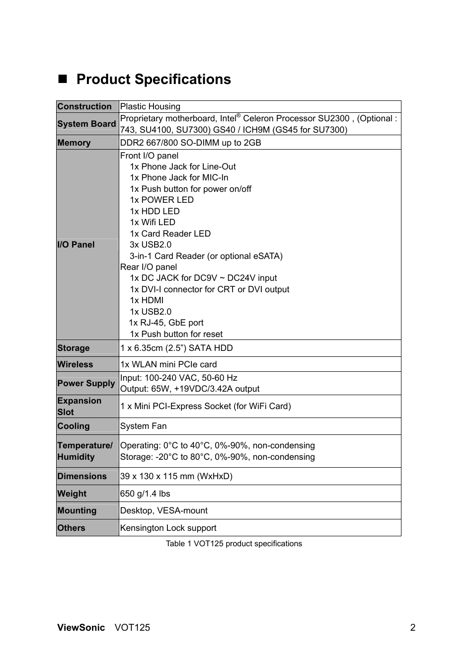 Product specifications | VIEWSONIC VS13172 User Manual | Page 10 / 39