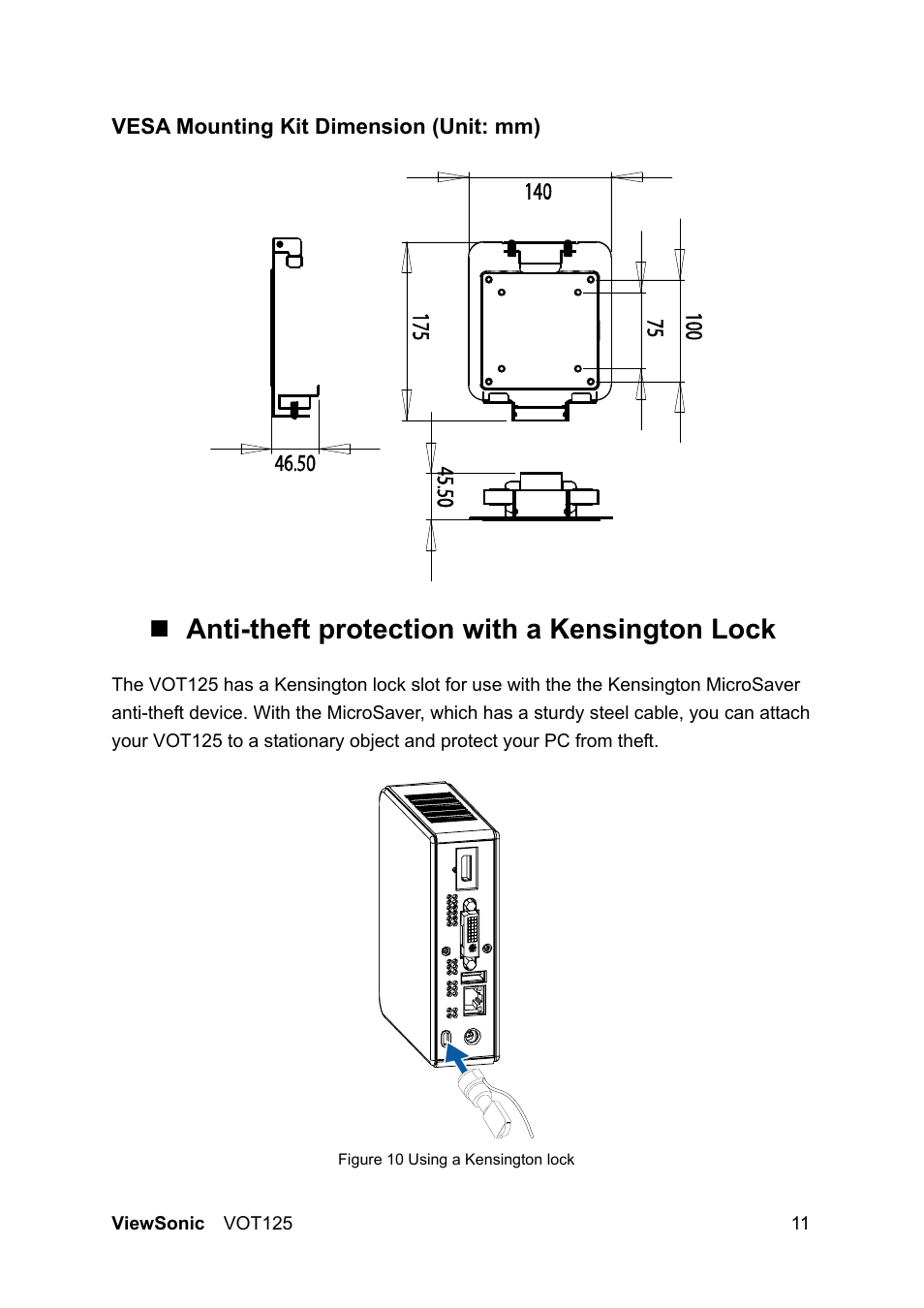 Anti-theft protection with a kensington lock | VIEWSONIC VS13172 User Manual | Page 19 / 39