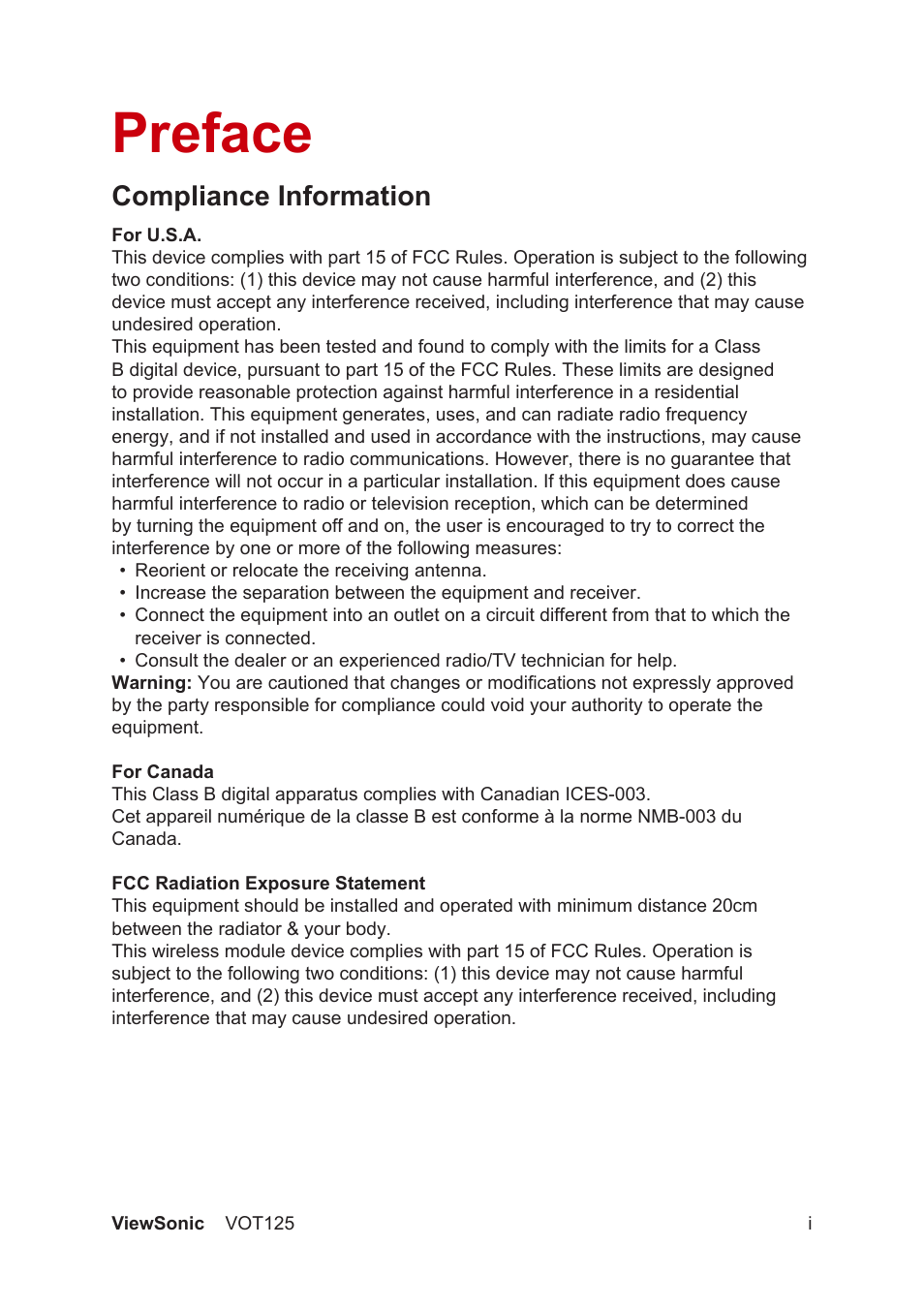 Preface, Compliance information | VIEWSONIC VS13172 User Manual | Page 2 / 39