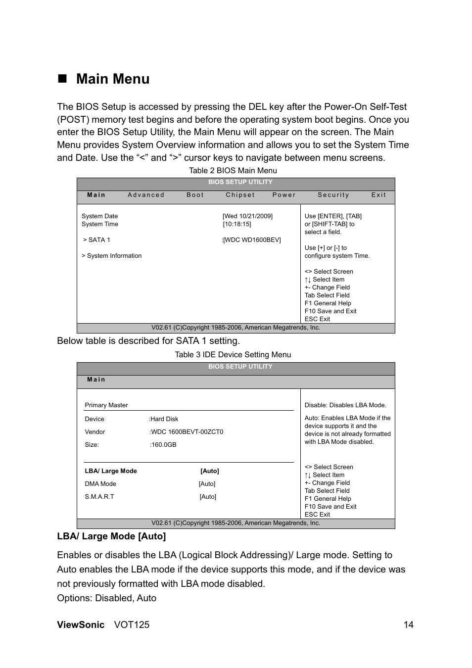 Main menu, Below table is described for sata 1 setting | VIEWSONIC VS13172 User Manual | Page 22 / 39