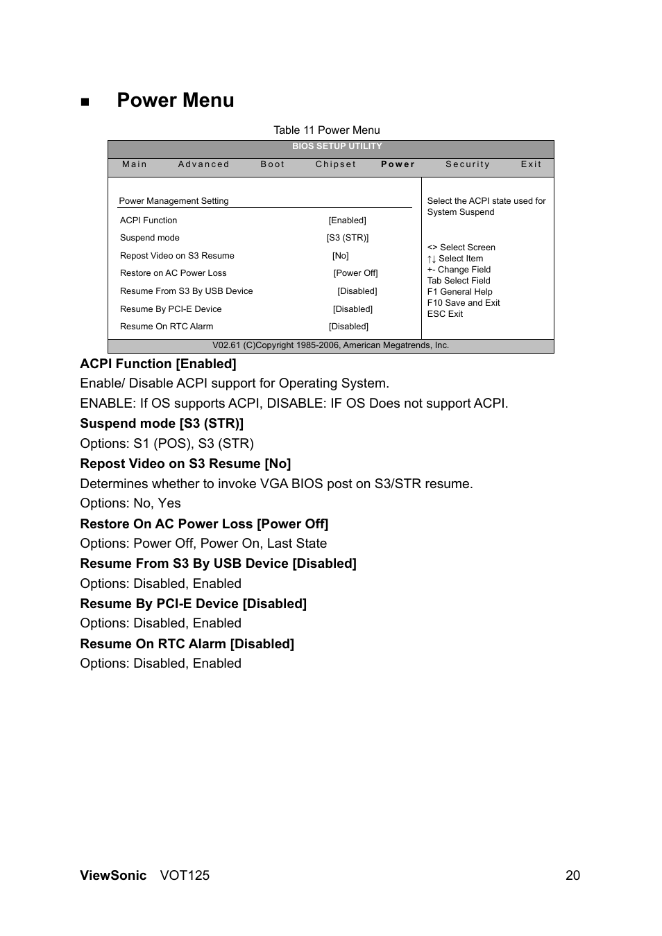 Power menu | VIEWSONIC VS13172 User Manual | Page 28 / 39